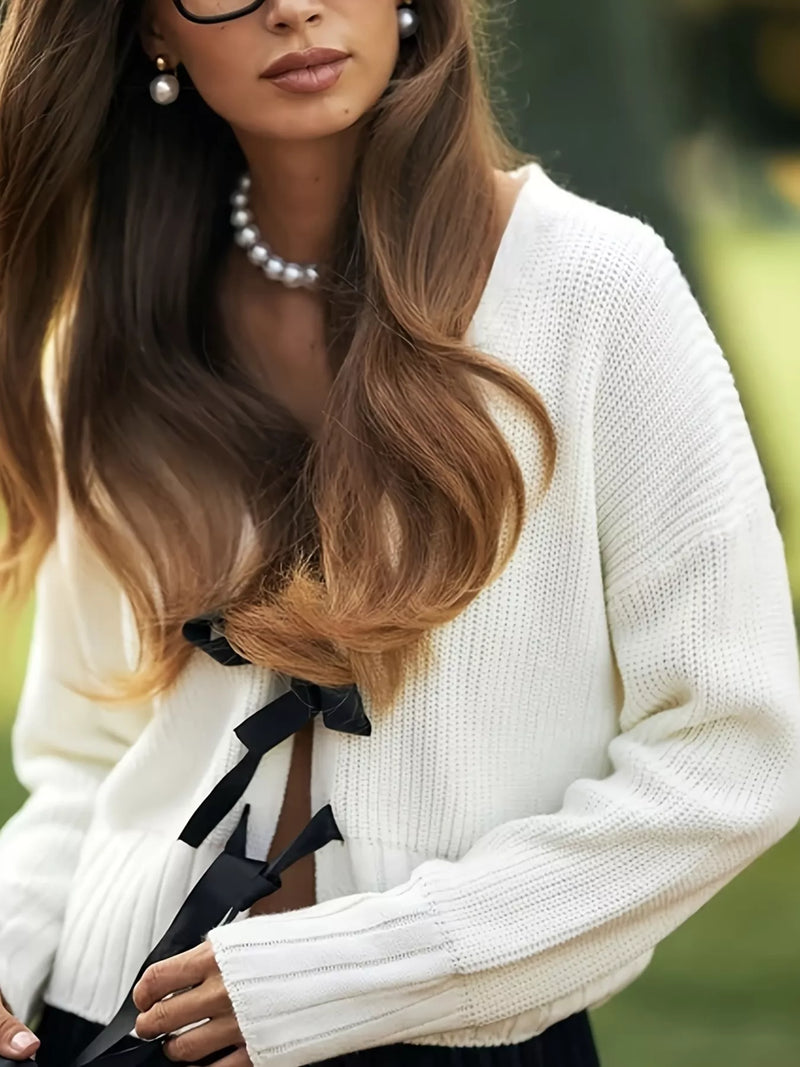 White tie front knit cardigan front view