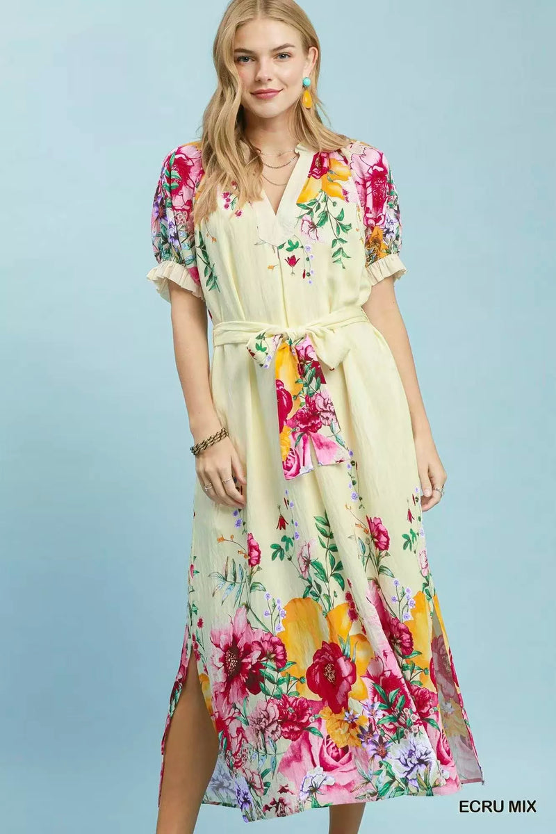 Umgee mixed floral border print midi dress in ecru front view