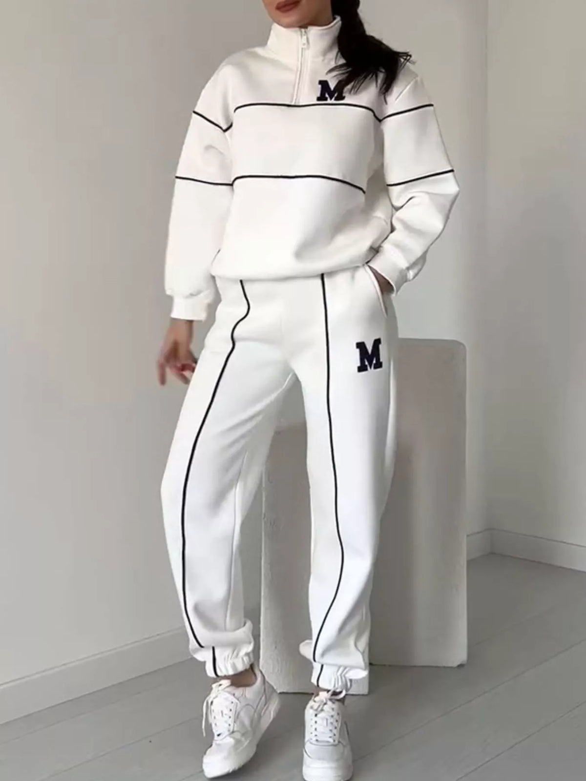 Striped quarter zip two piece set side view