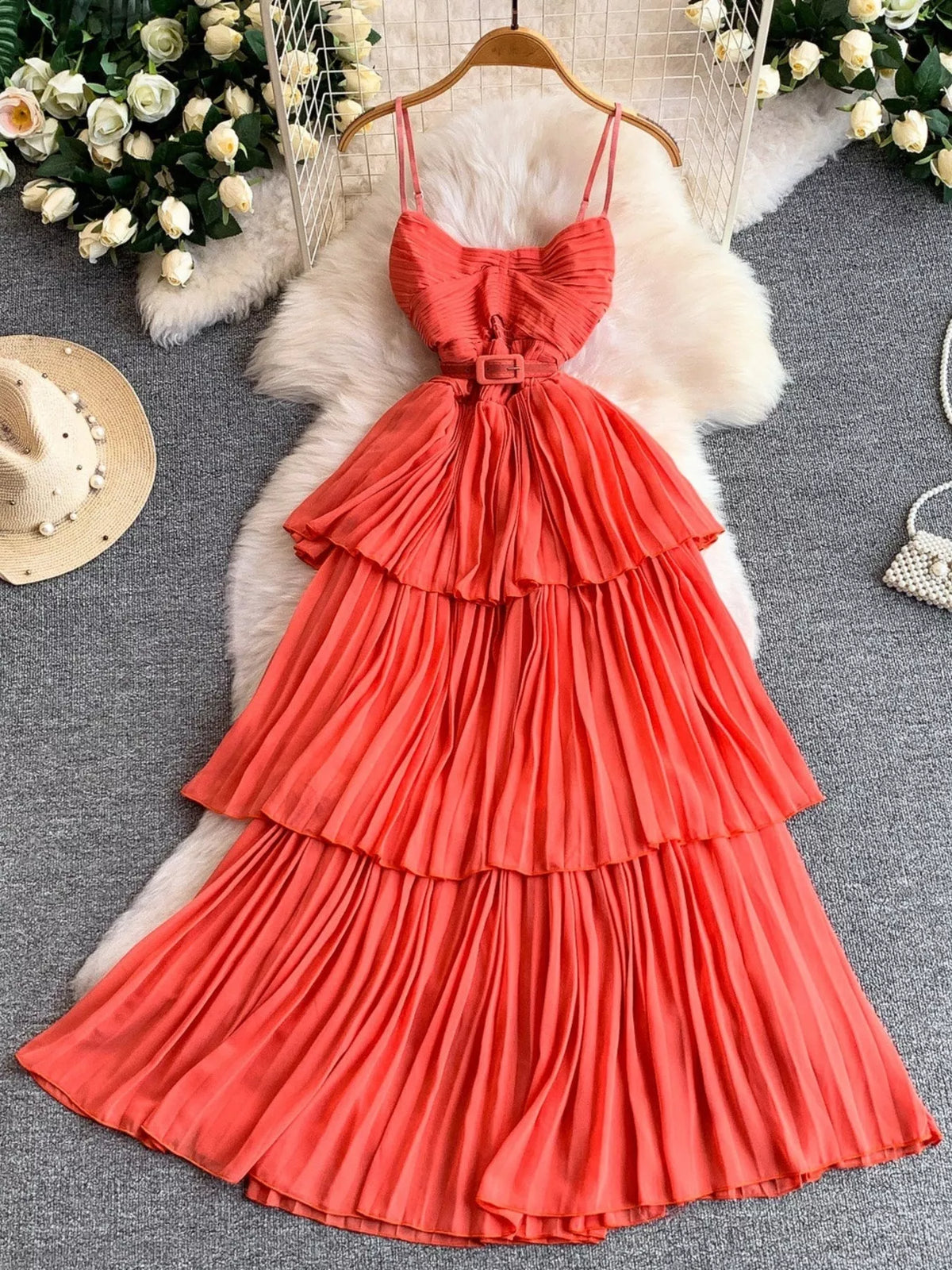 Pleated layered spaghetti strap midi dress side view