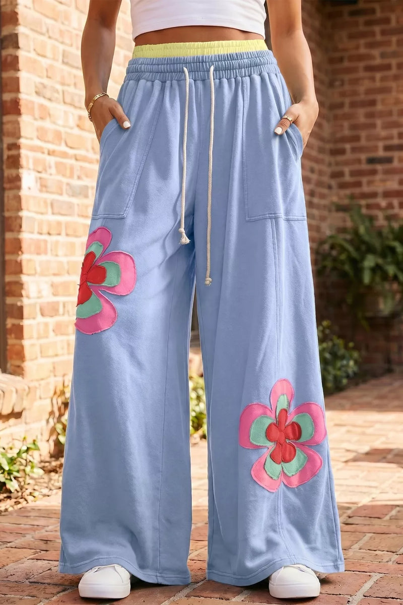 Color block floral patchwork wide leg pants in light blue front view