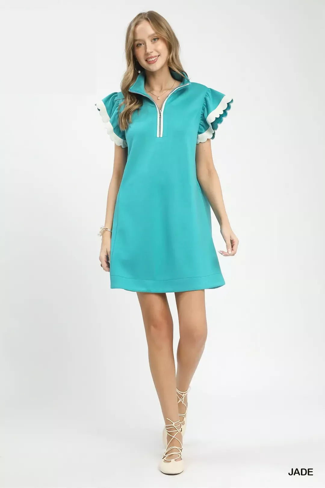 Zip Neck Flutter Sleeve Dress in Jade styled look