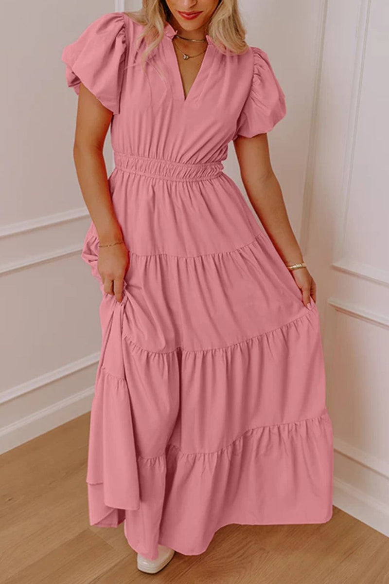 Ruffled tiered puff sleeve maxi dress front view