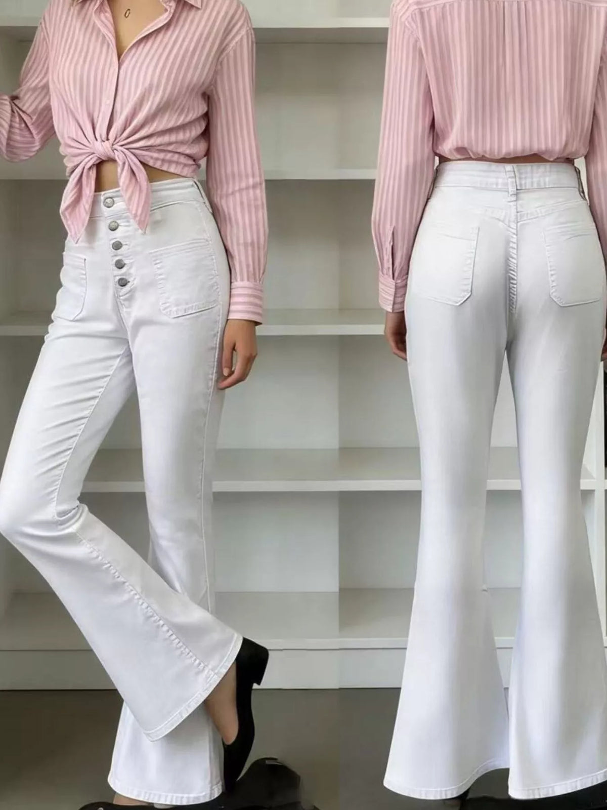 Button fly flare jeans side view