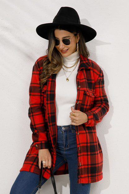 Shiny Plaid Collared Longline Coat - Fashorio