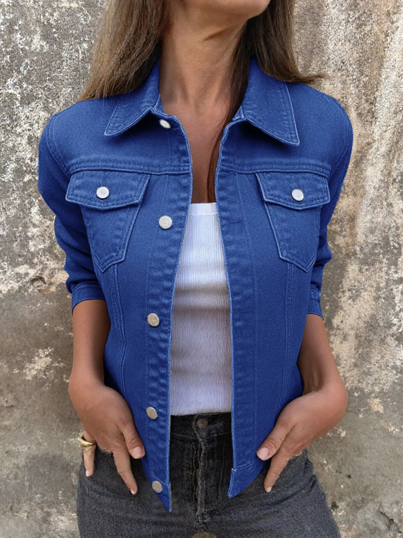 Button Front Closure Denim Jacket Dark Blue - Fashorio