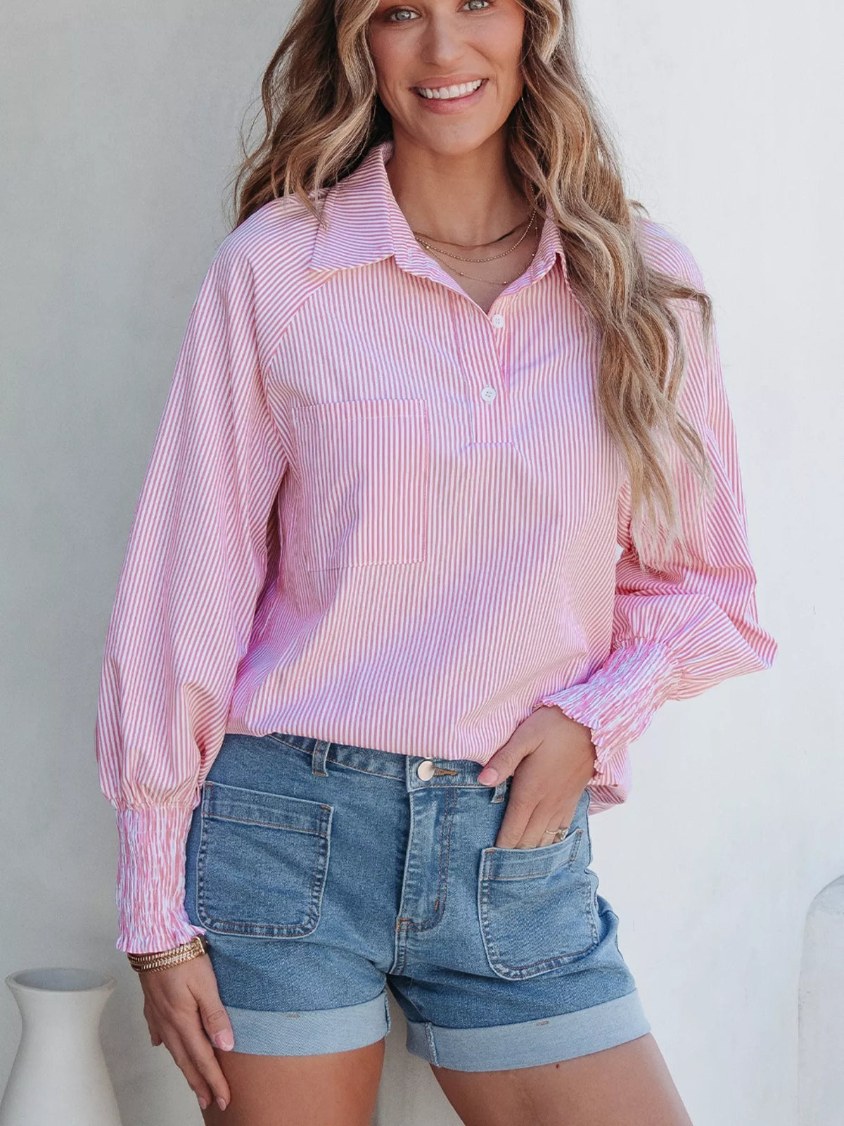Detail of the shirt collar and button front