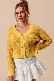 SO ME Frayed Tweed Knit Buttoned Front Cardigan MUSTARD - Fashorio