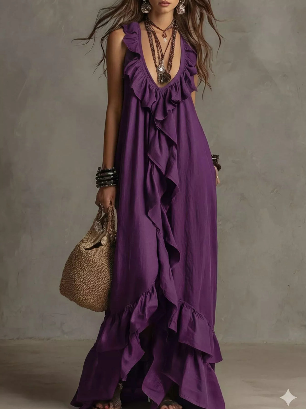 Ruffled sleeveless maxi dress close up view