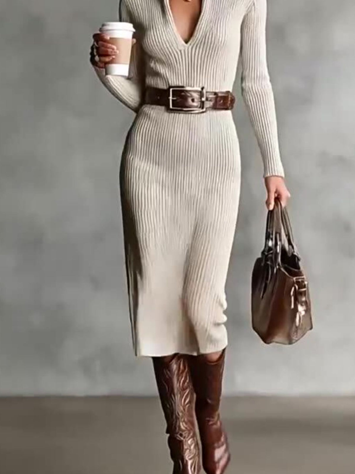 Ribbed bodycon sweater dress full length look