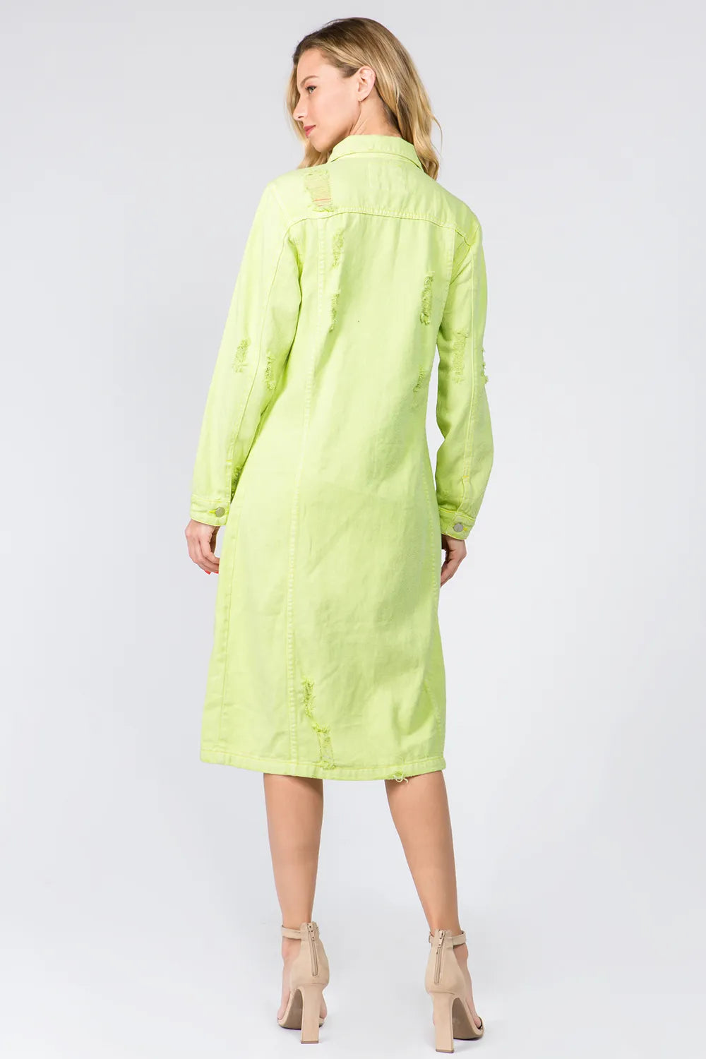 Distressed Denim Button Up Dress in Lime back view