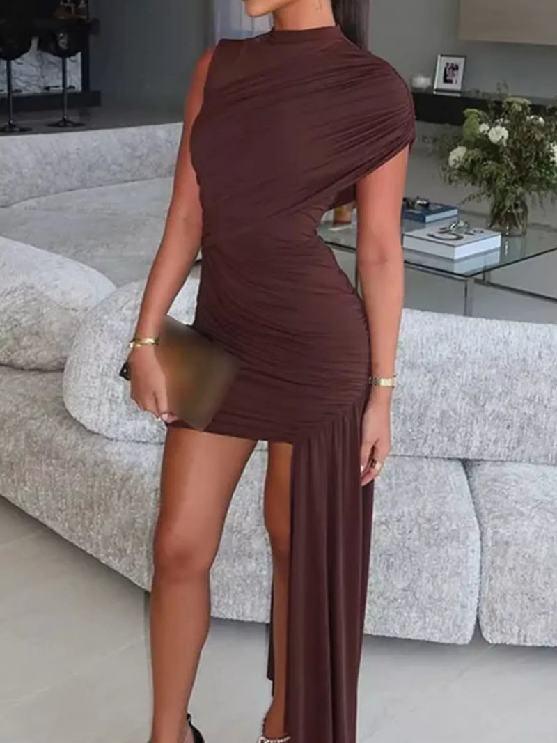 Dark brown ruched mock neck dress front view