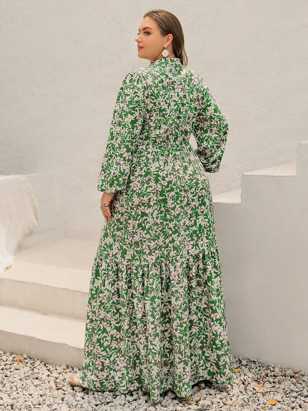 Plus size printed notched neck long sleeve maxi dress fabric texture
