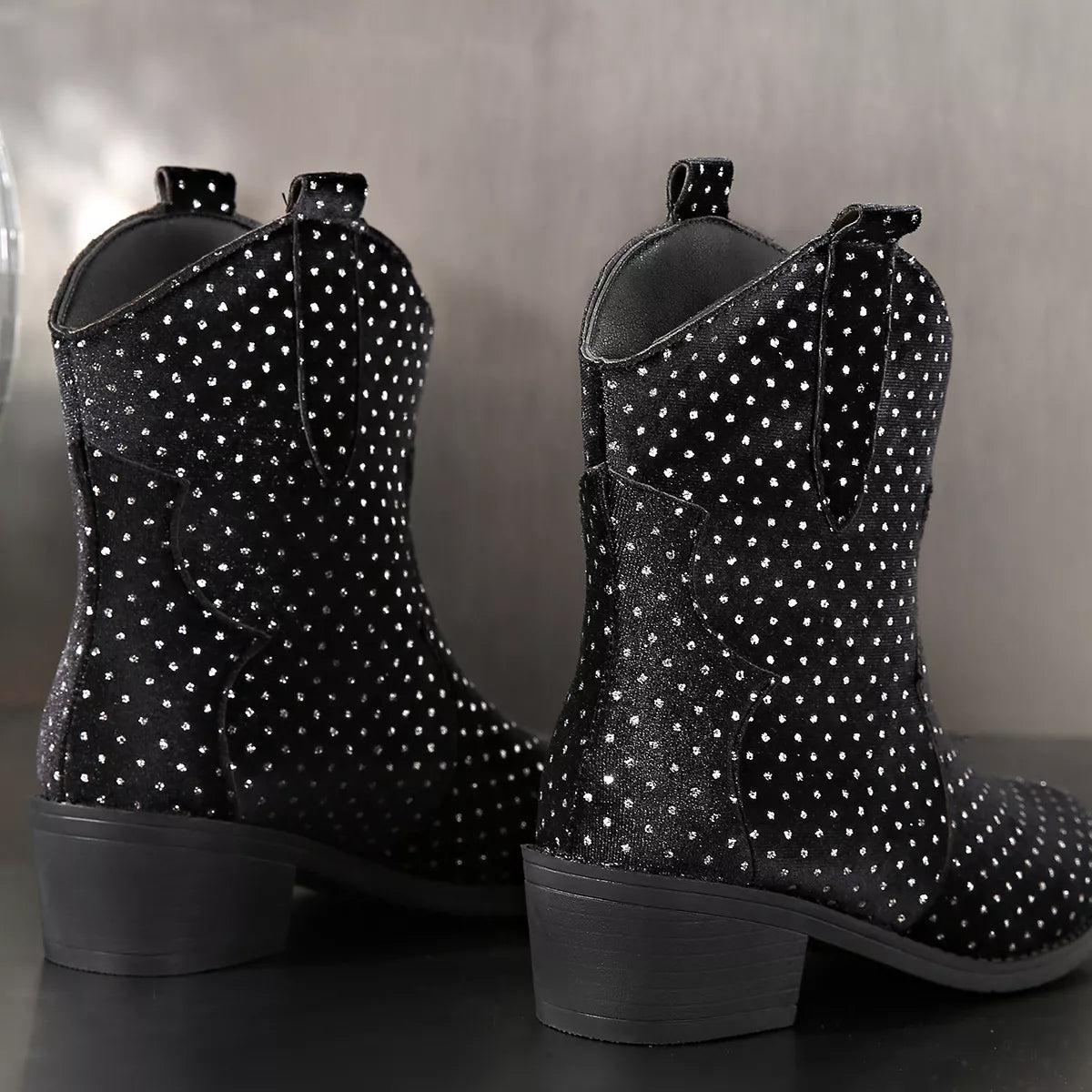 Sparkling point toe block heel boots styled on model