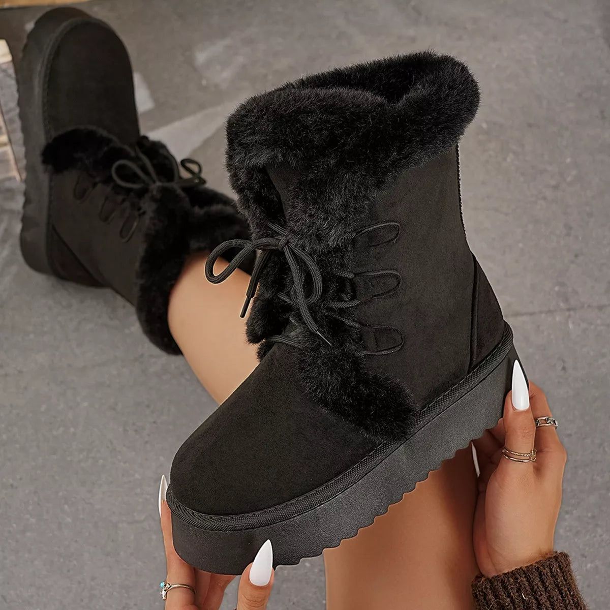 Camel round toe platform boots angled three quarter view