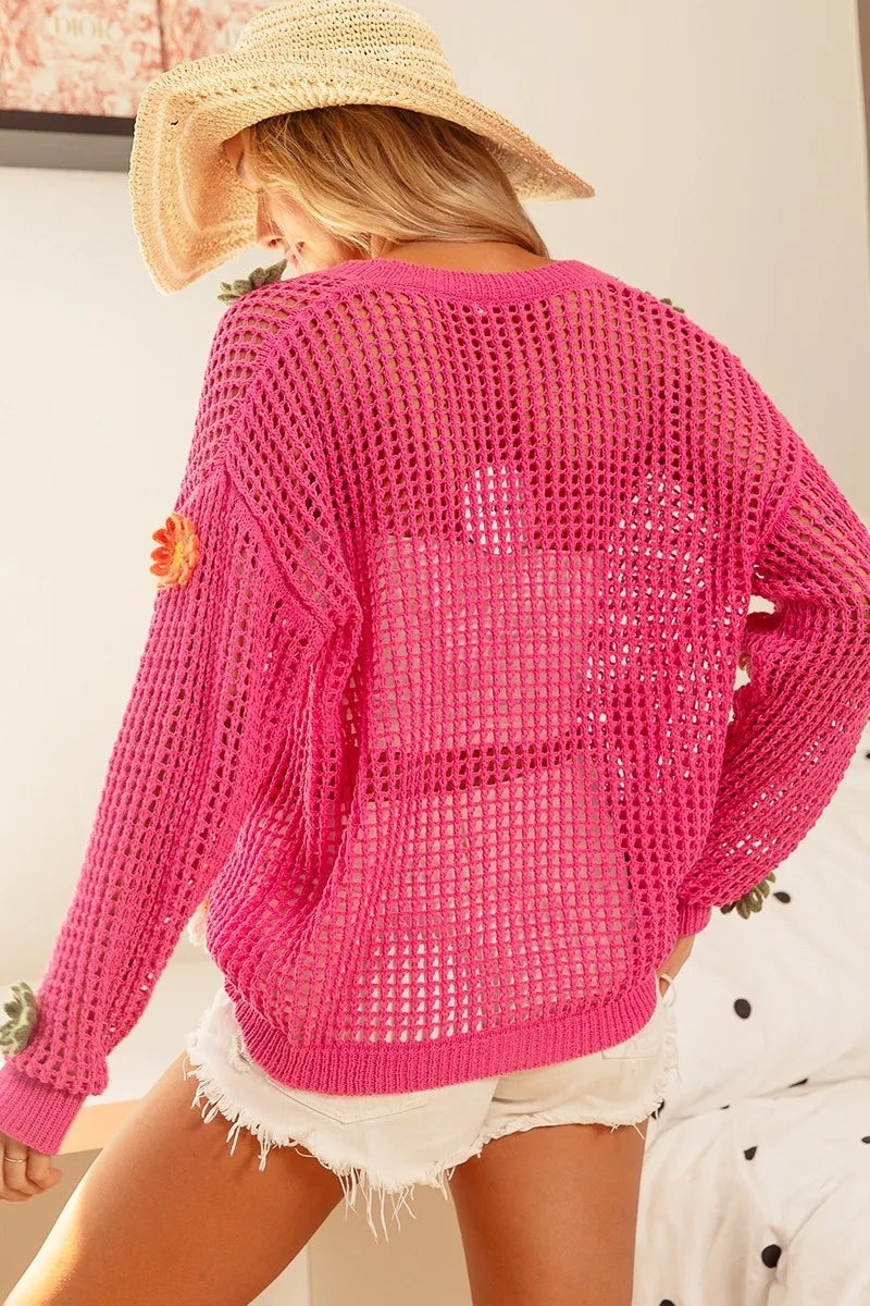 Floral Patch Open Knit Cardigan in Fuchsia detail