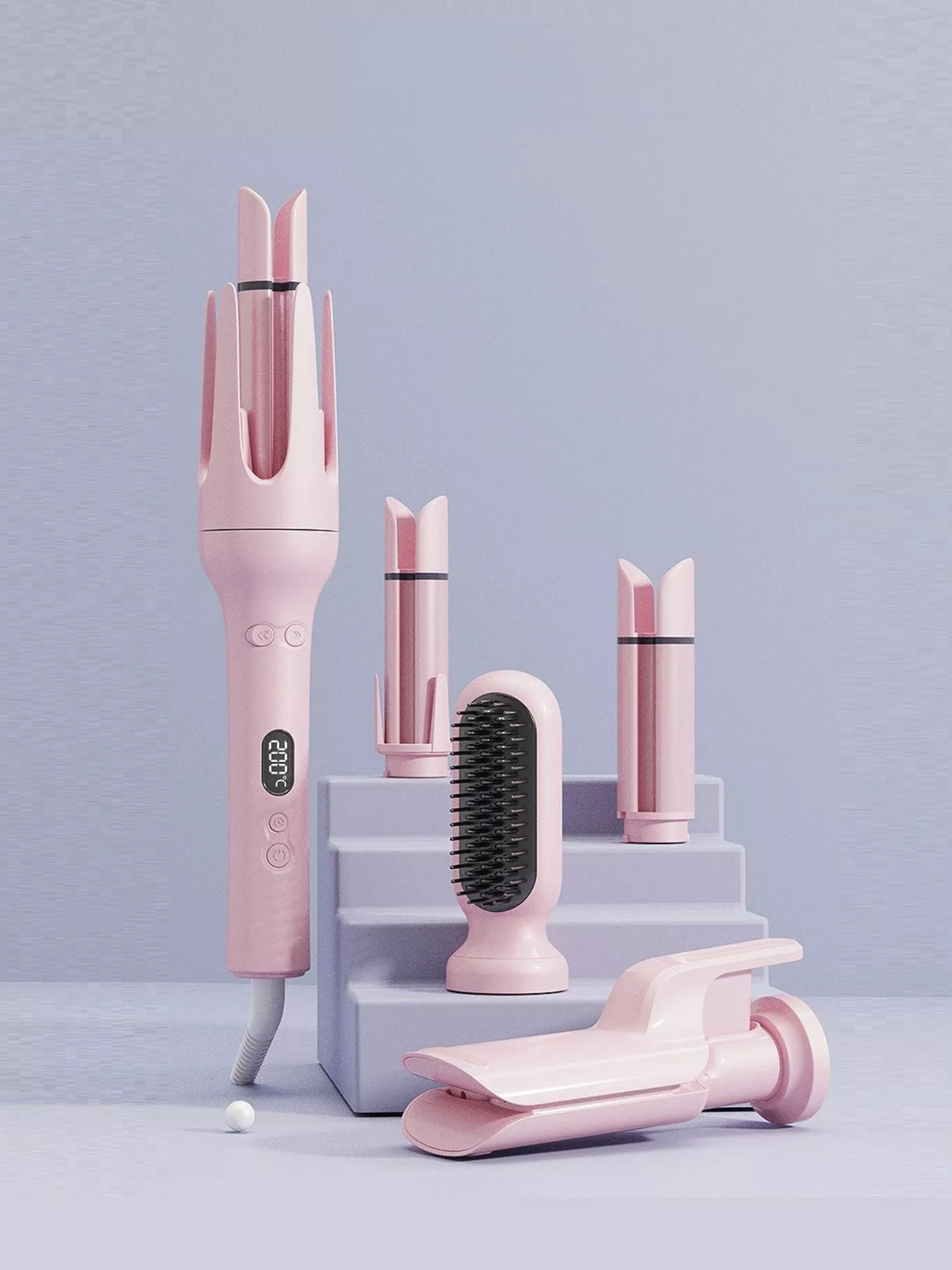 Automatic rotating ceramic curling iron in blush pink