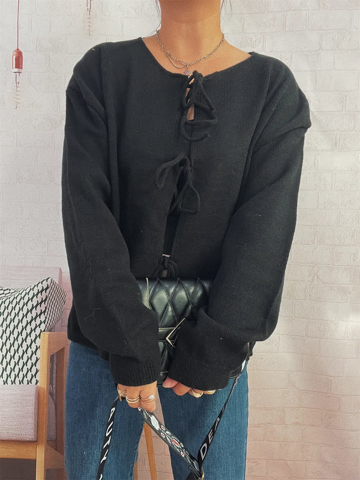 Tie front drop shoulder cardigan, collar detail