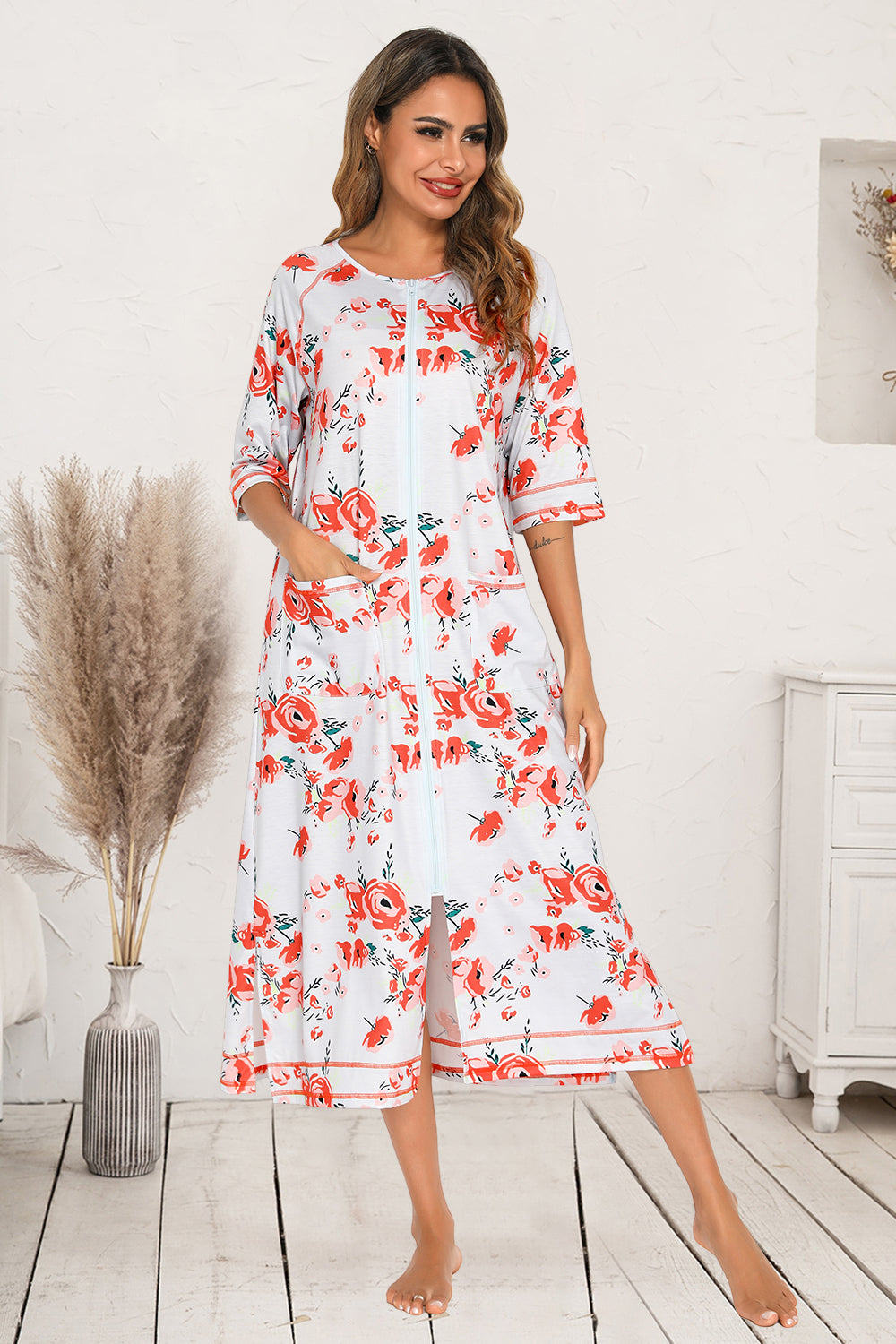 Printed Slit Night Dress with Pockets Burnt Coral - Fashorio