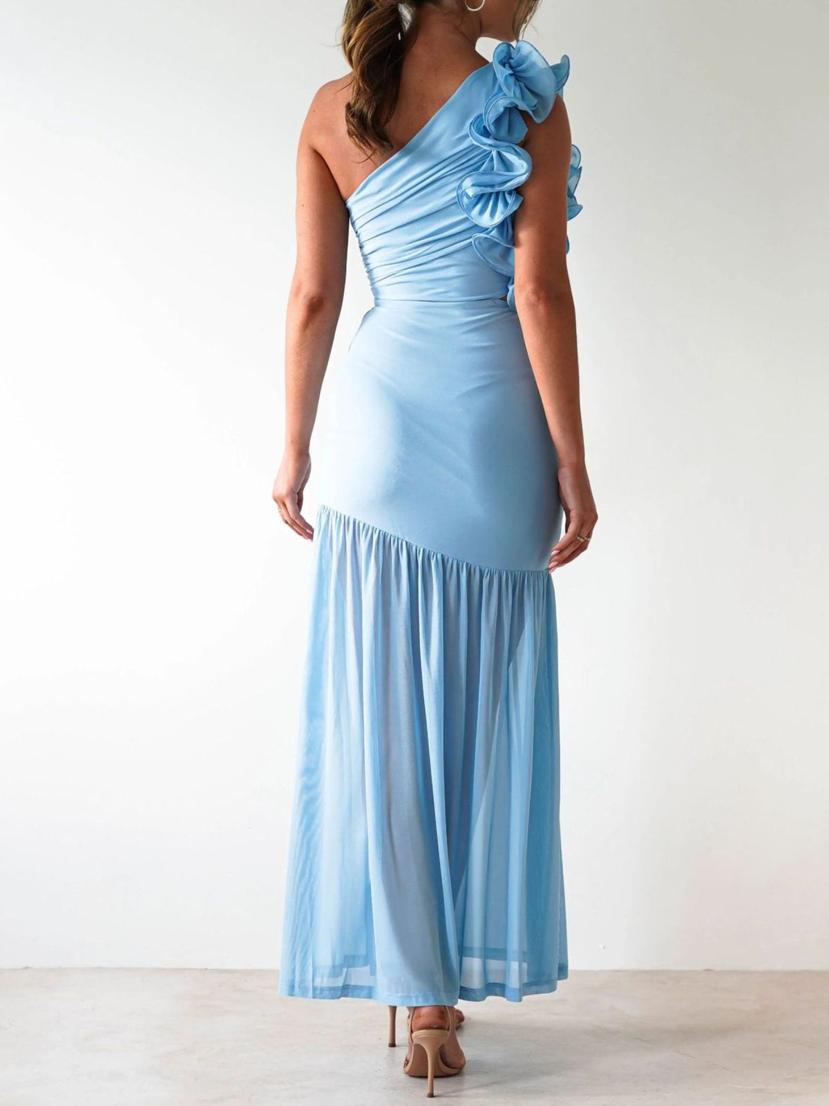 one shoulder ruffle trim maxi dress styled look