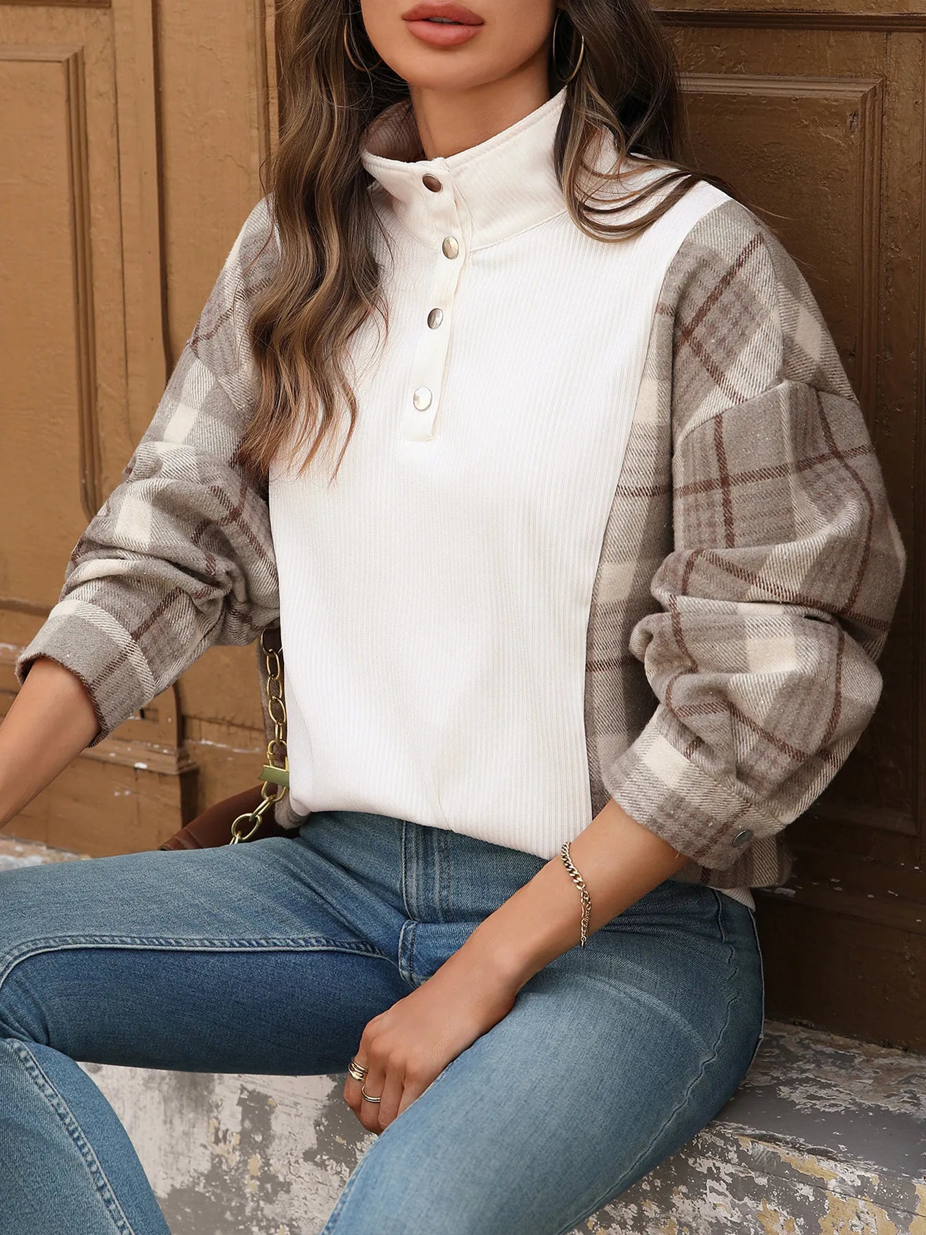 Snap Down Plaid Long Sleeve Sweatshirt - Fashorio