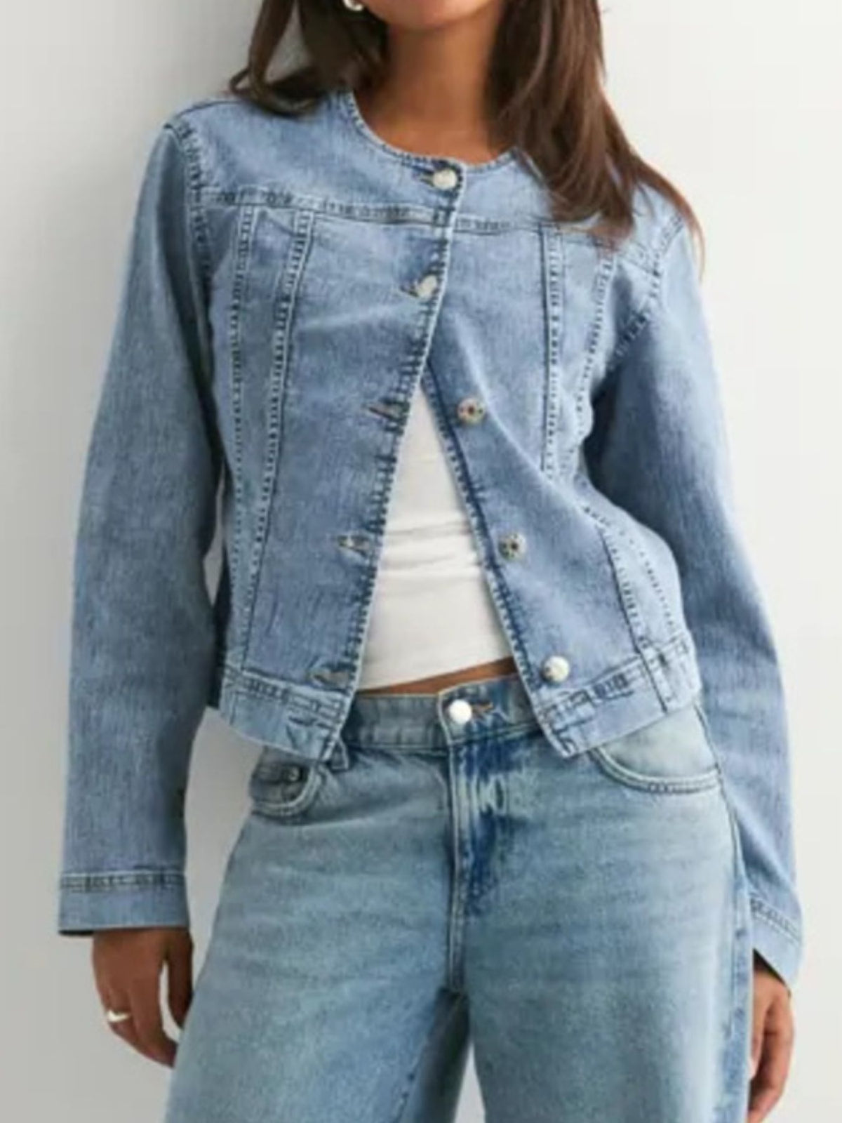 Classic Button Down Denim Jacket in Light Blue on model