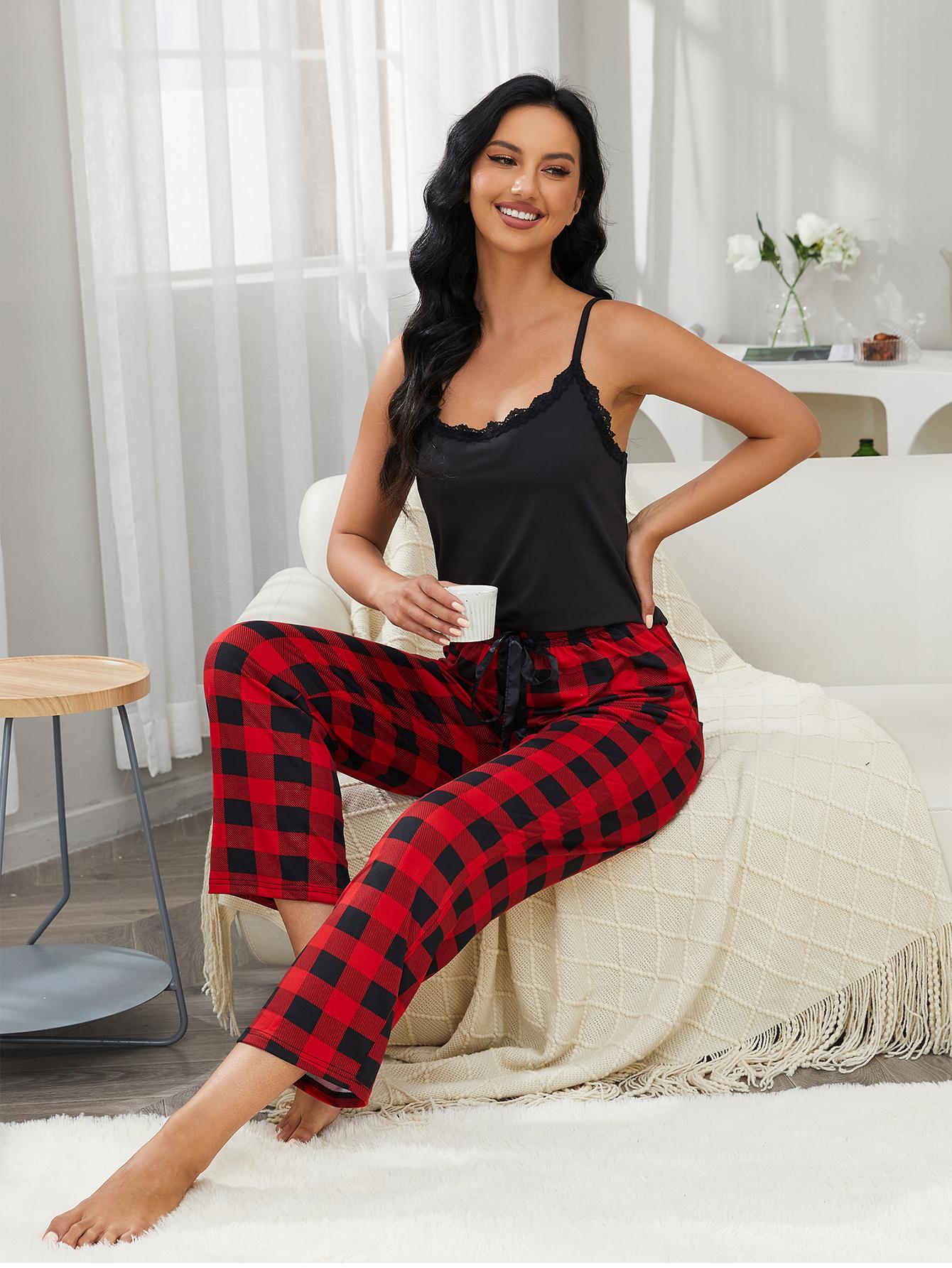 Lace Trim Cami and Plaid Pants Lounge Set - Fashorio