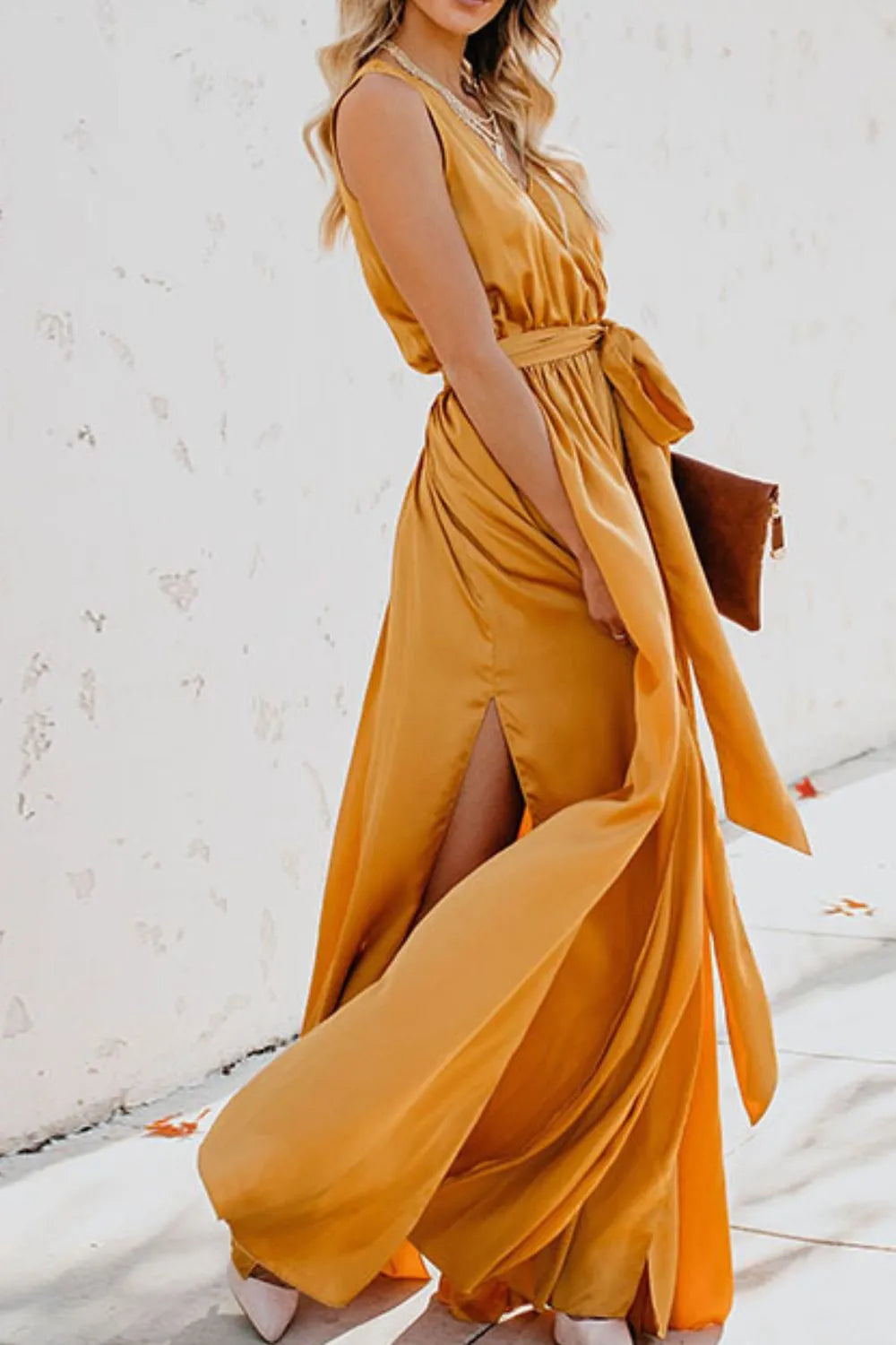 Surplice tie waist maxi dress styled look