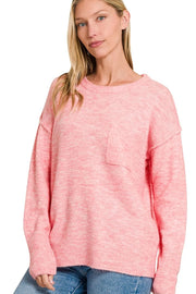 Zenana Melange Hi-low Hem Round Neck Sweater H DK PINK - Fashorio