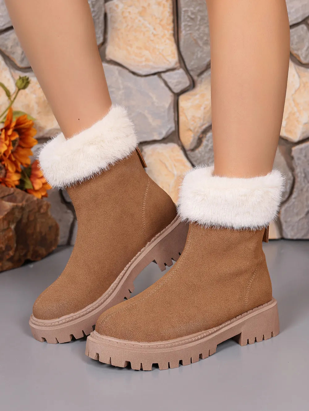 Faux fur trim suede platform boots side profile