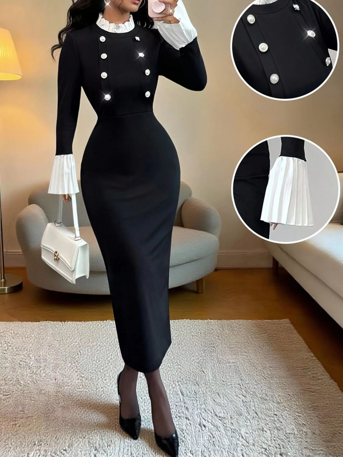 Full length two tone midi dress from the side