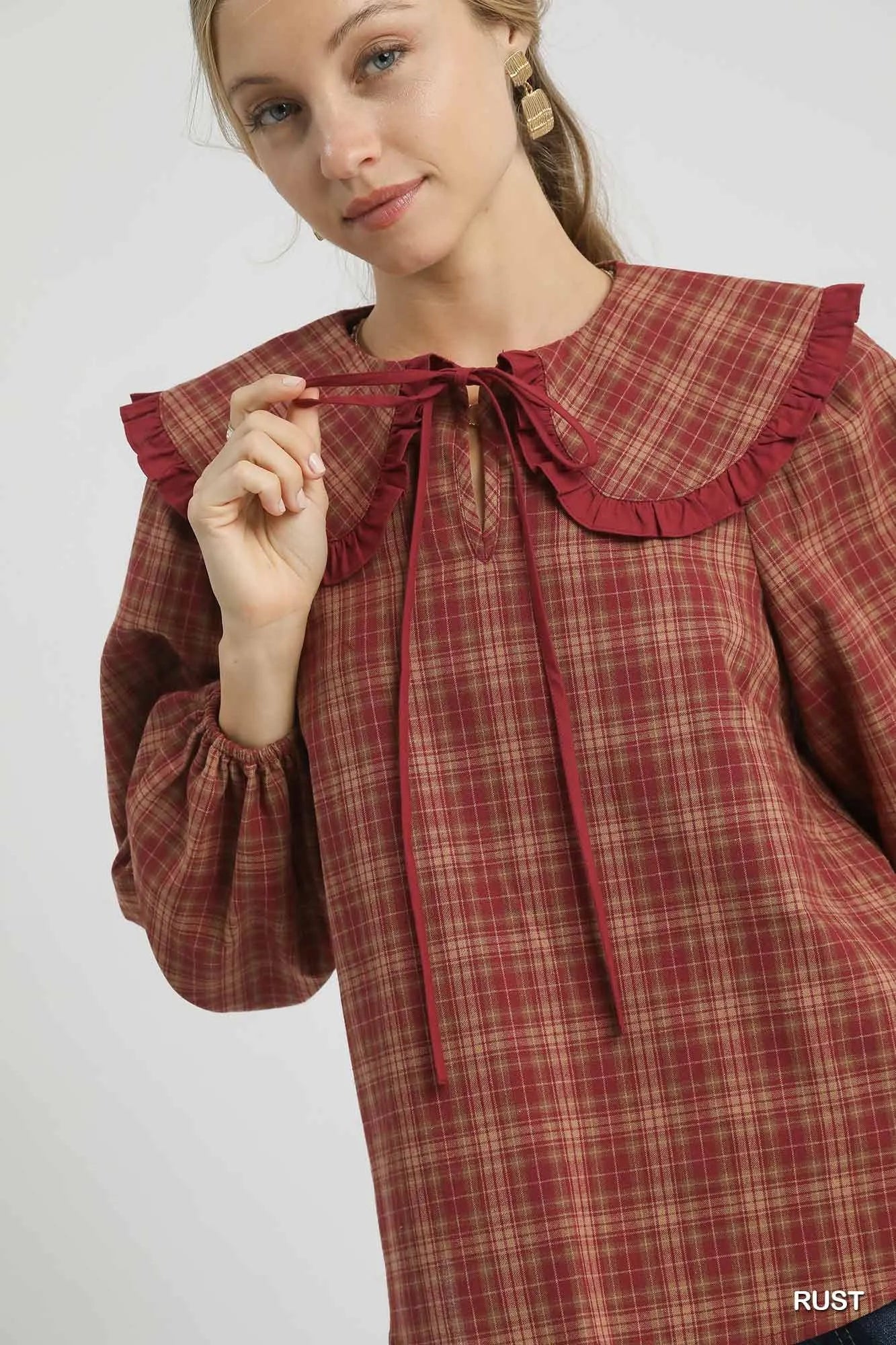 Umgee Full Size Plaid Ruffle Collar Blouse Plus Size - Fashorio