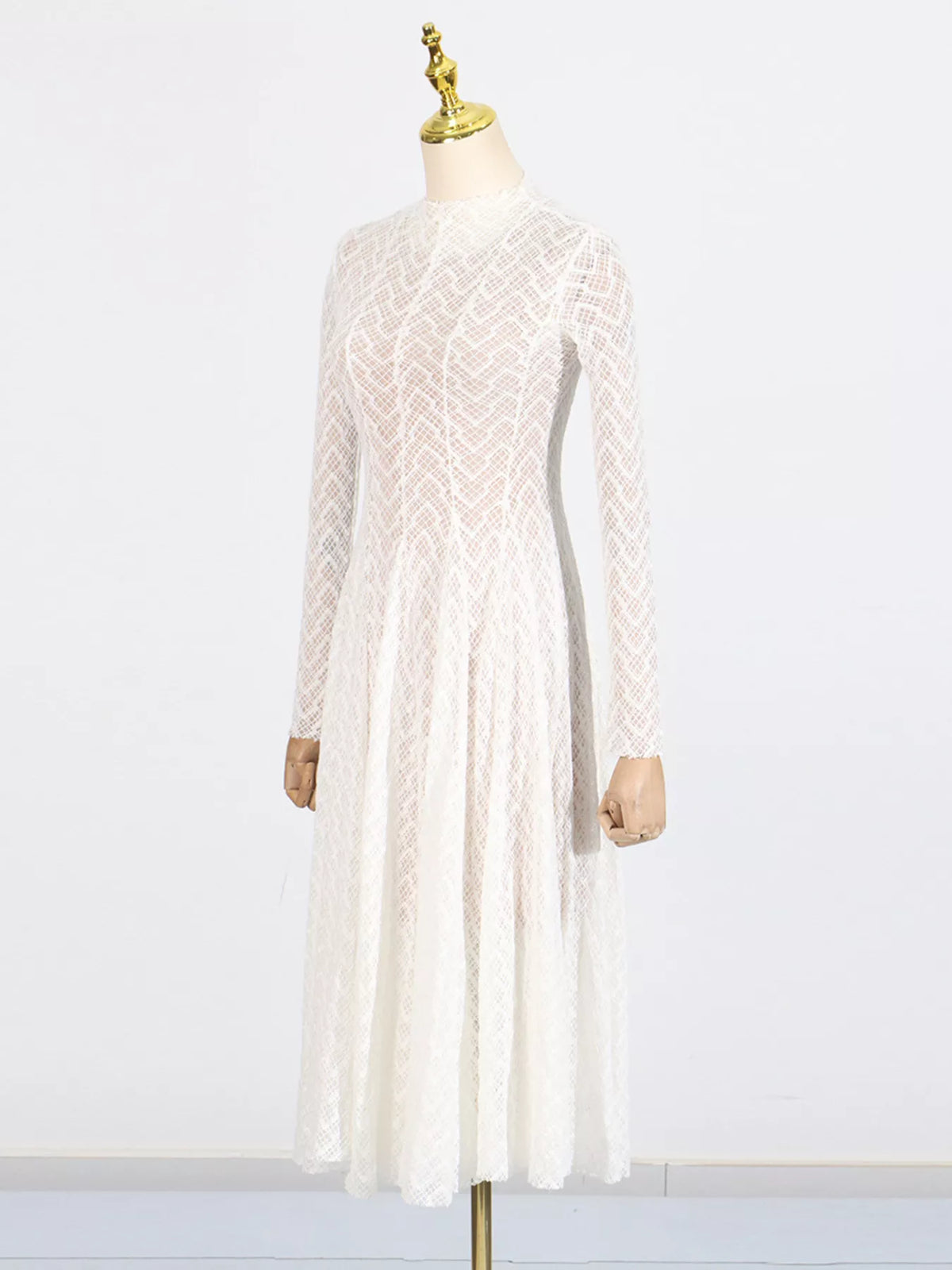 white lace mock neck long sleeve maxi dress detail view