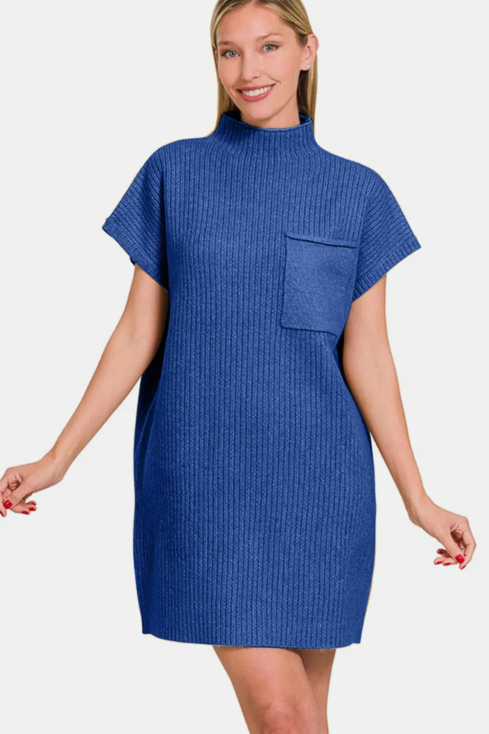 Short Sleeve Sweater Mini Dress in Navy side view