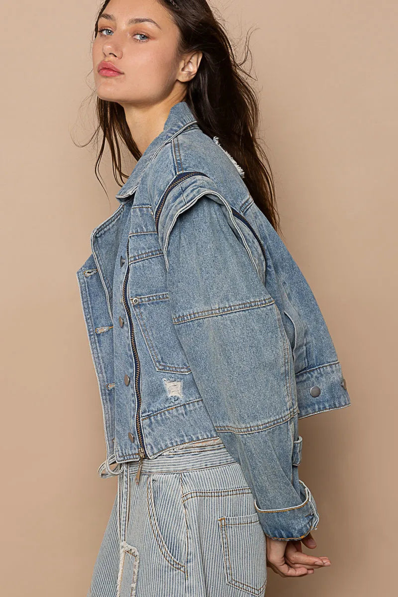 Cropped Zip Front Denim Jacket in Dusty Blue back view