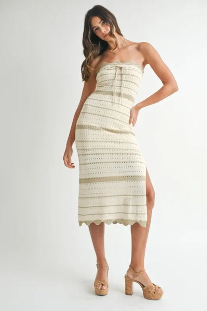 MABLE Contrast Striped Crochet Knit Midi Dress - Fashorio