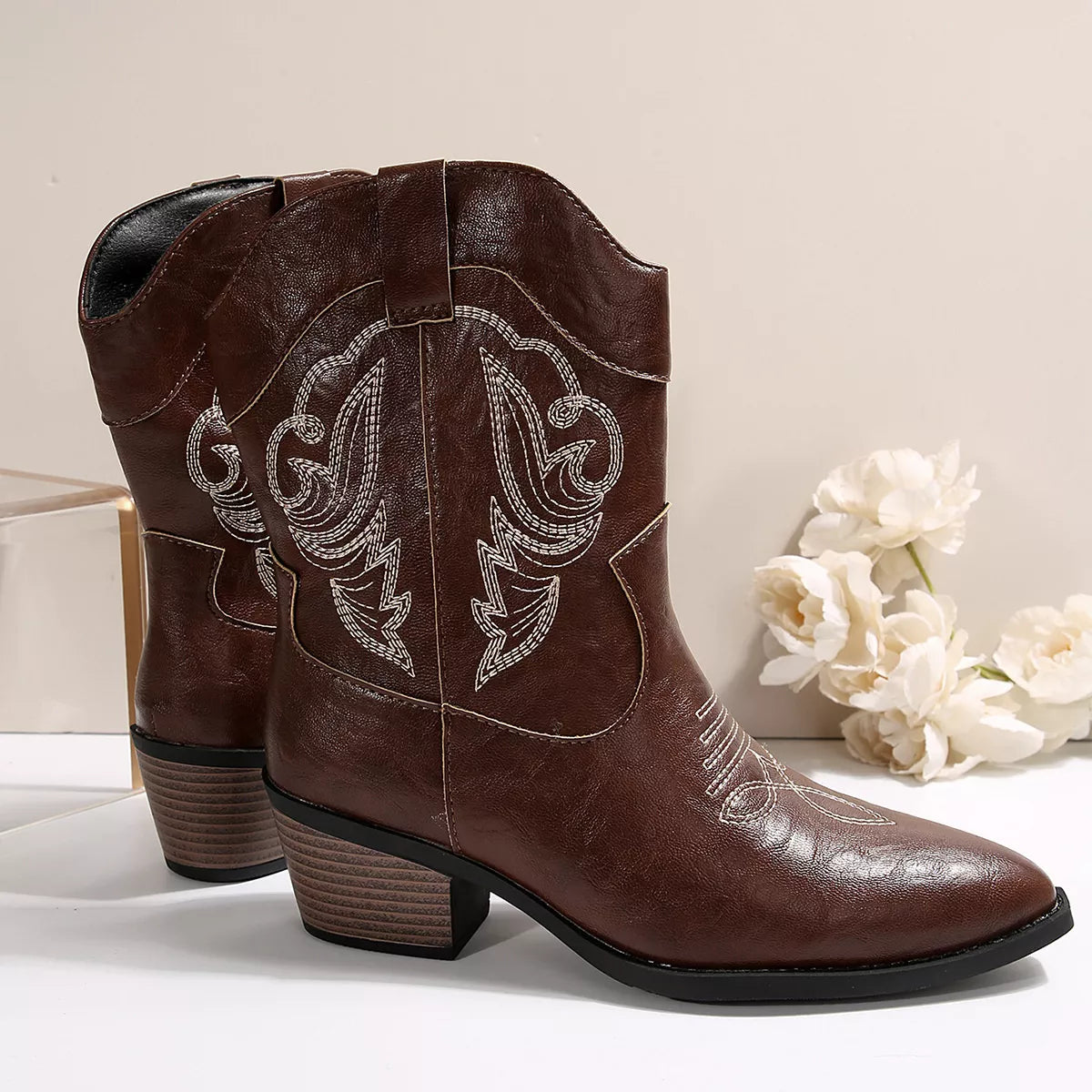 Western Cowboy Boots with Embroidered Design toe detail