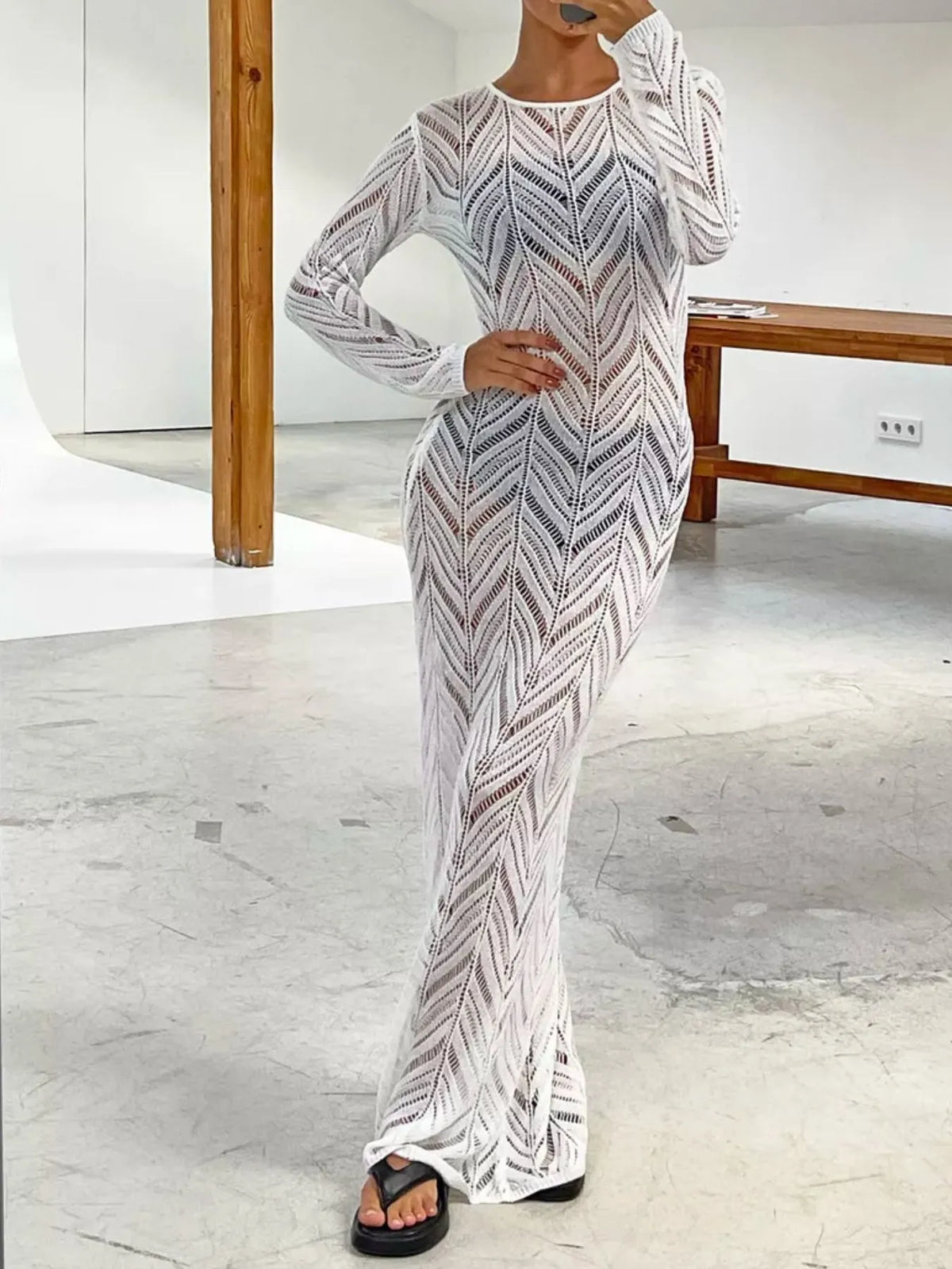openwork knit long sleeve cover up maxi dress close fabric detail