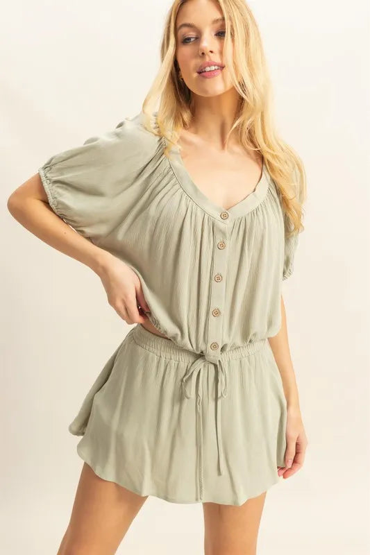 HYFVE Drawstring Hem Short Sleeve Top and Skort Set Sage - Fashorio