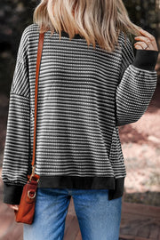 Oversized Striped Round Neck Sweatshirt Black - Fashorio