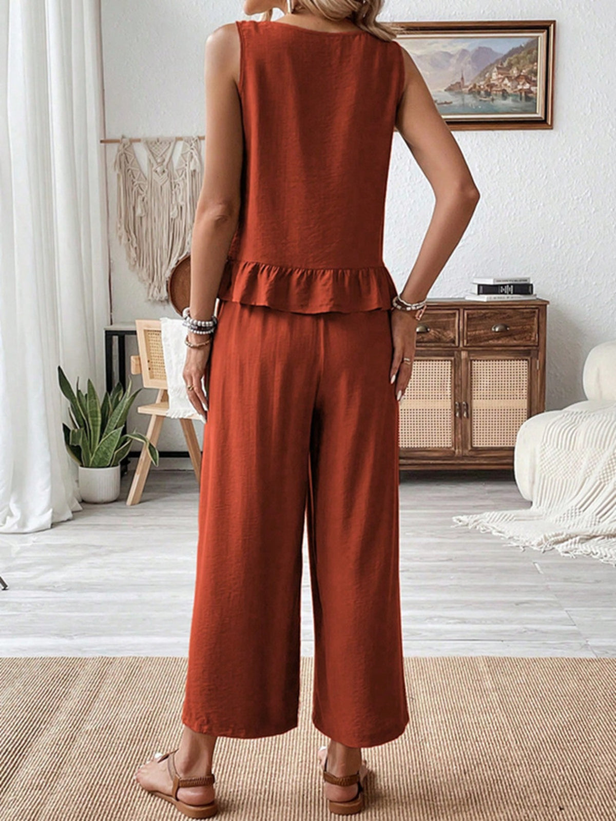 Terracotta coordinated tank and wide leg pants set styled