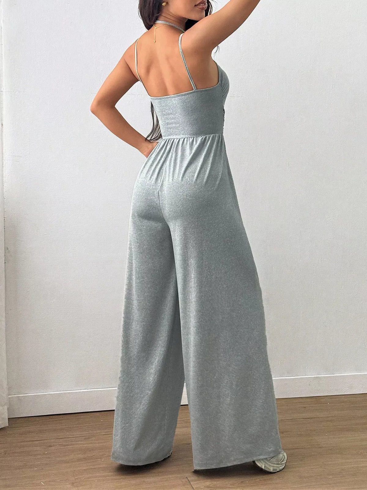 Dark green spaghetti strap jumpsuit front view