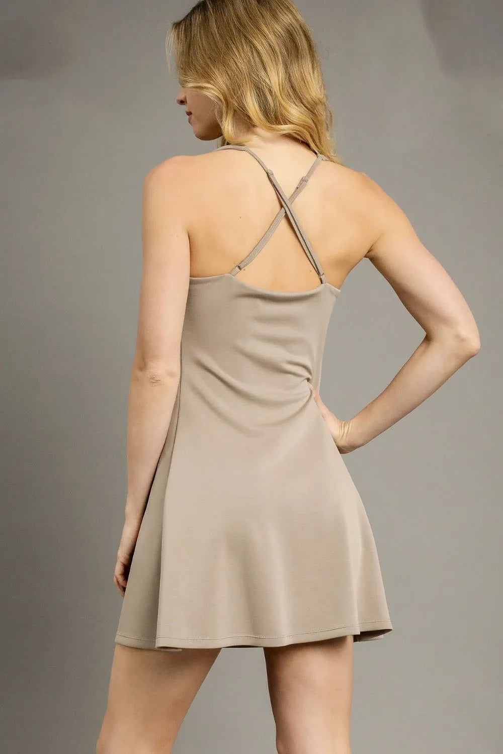 Crisscross Square Neck Active Dress in Khaki side view