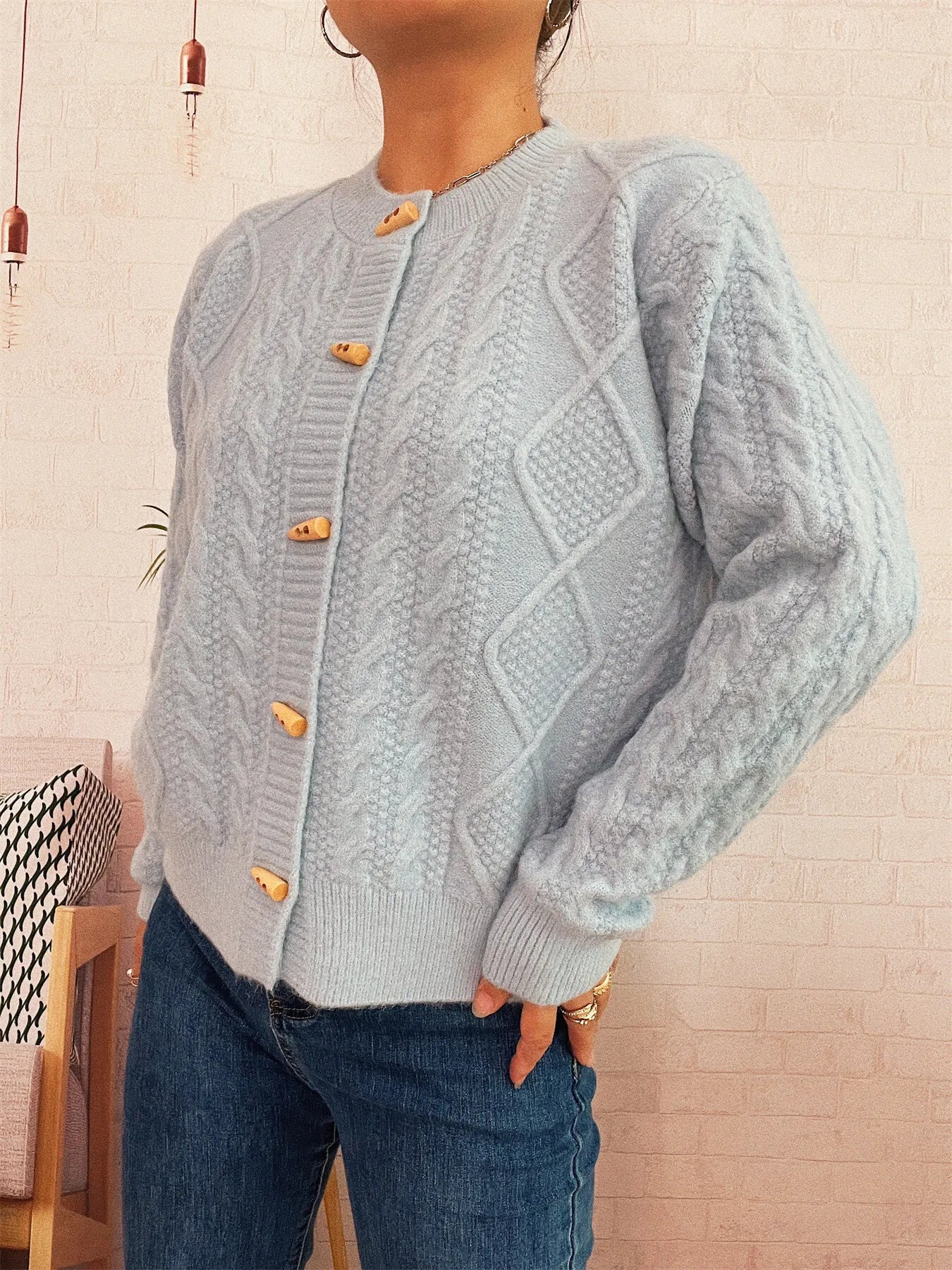 Cable Knit Button-Up Cardigan - Fashorio