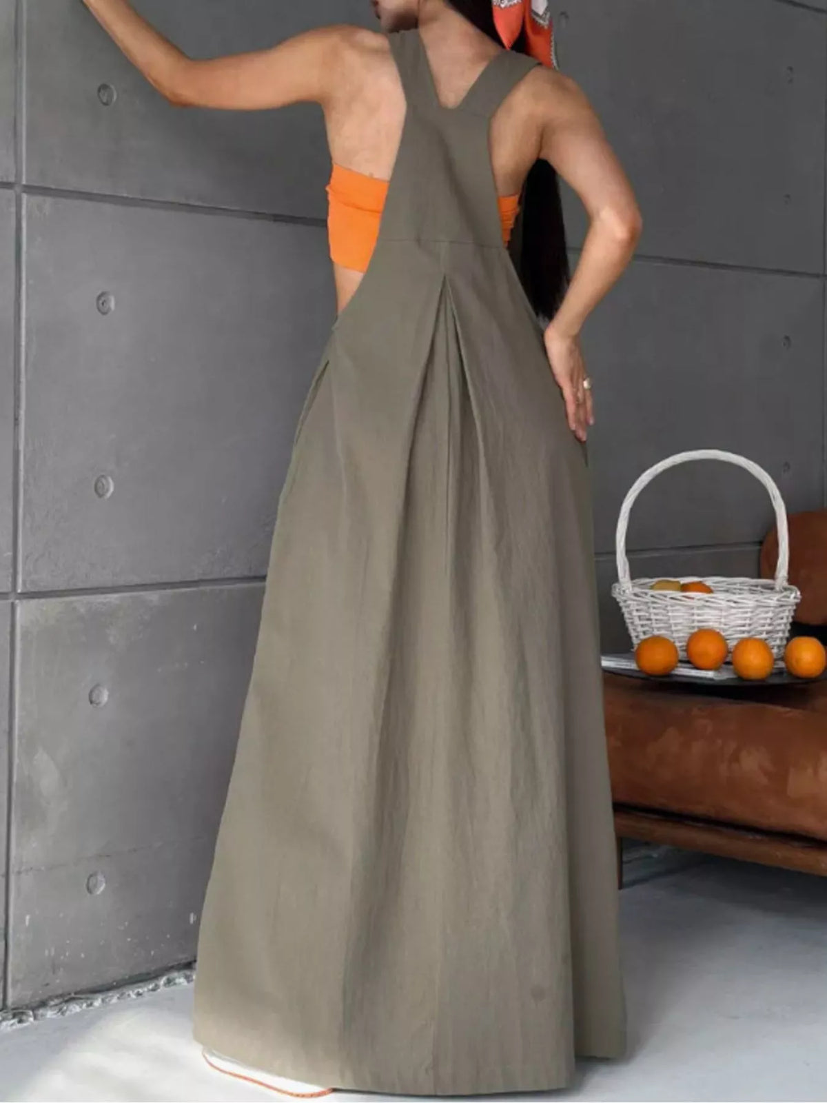 Pleated pinafore overall dress back view