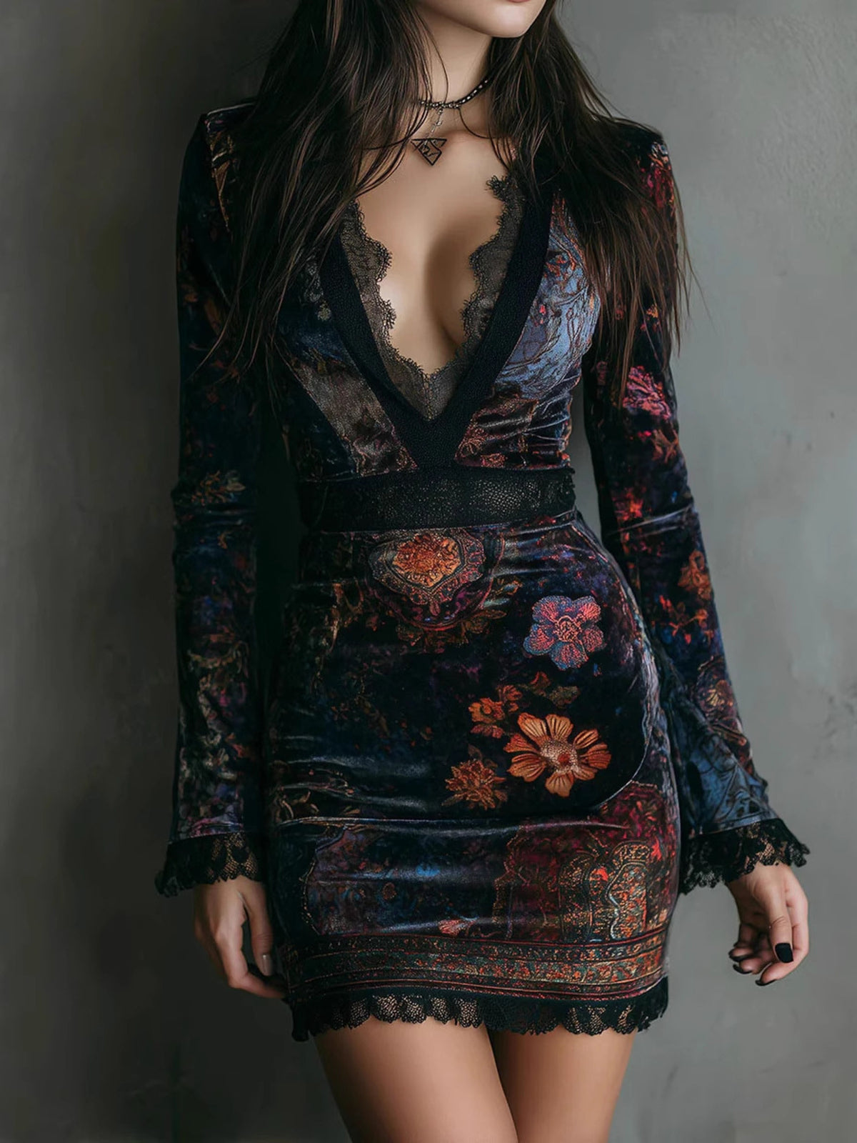 Floral velvet mini dress with lace detail, front view