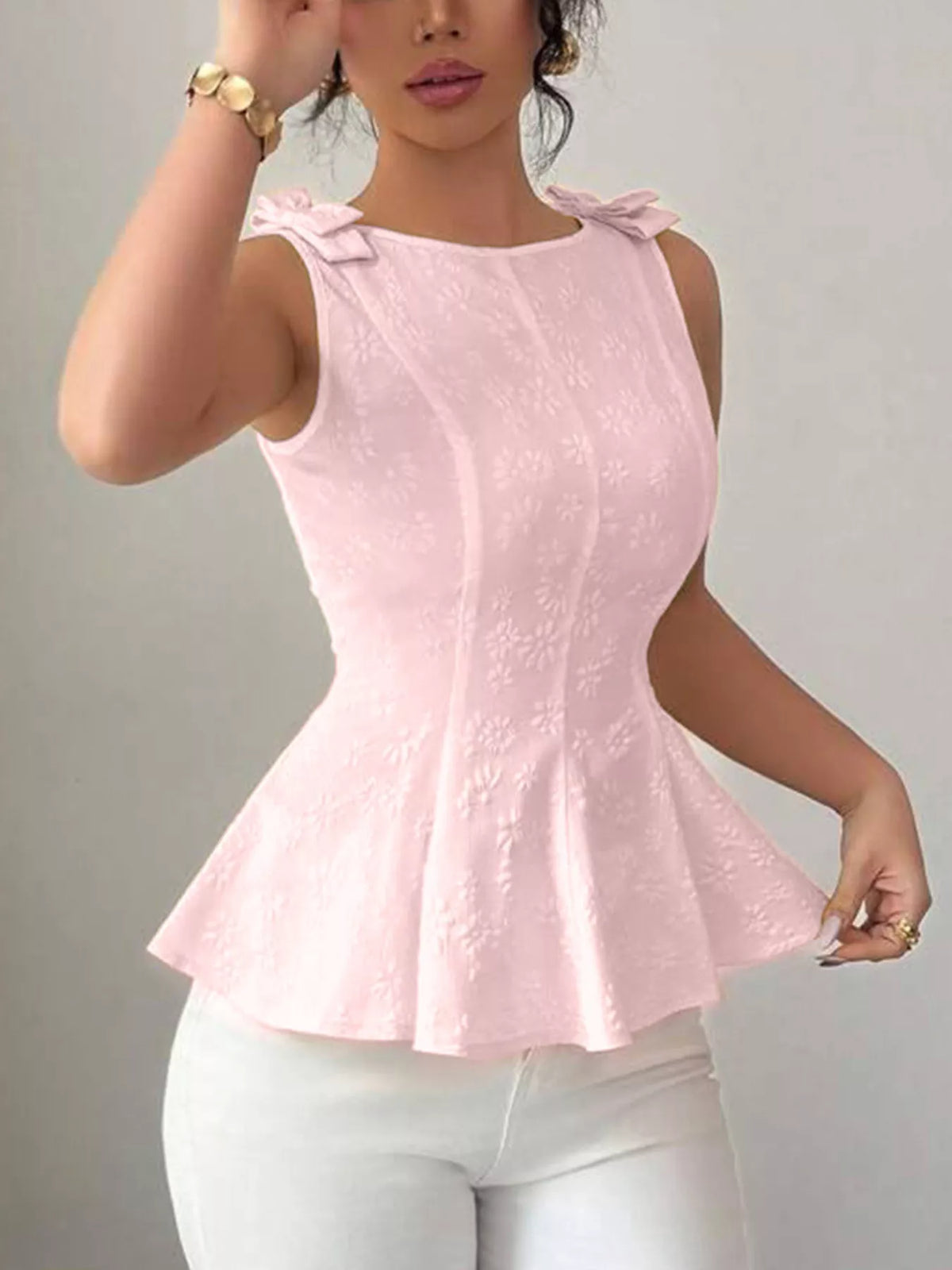 Bow shoulder peplum tank top full length view