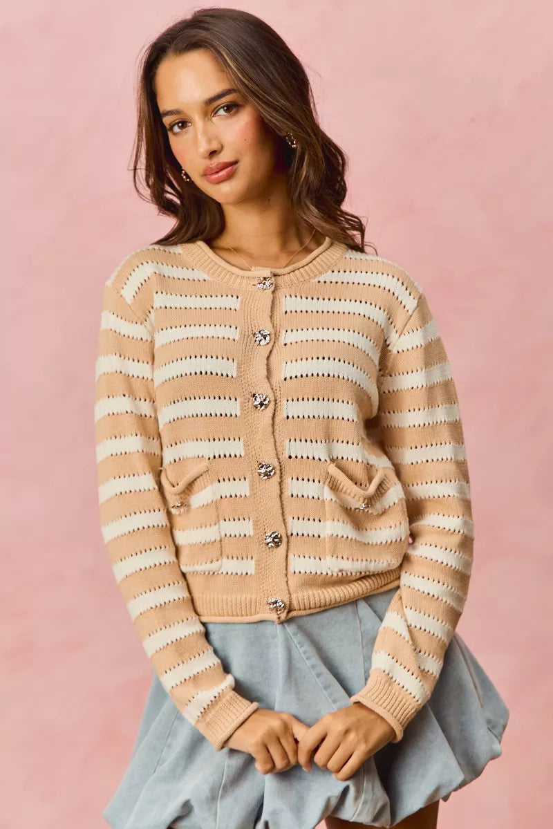 Striped Button Down Cardigan in White and Beige