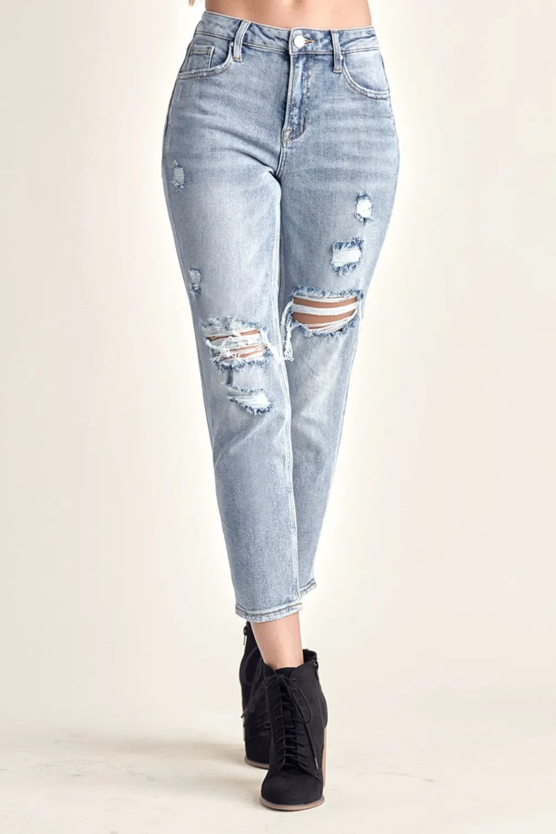 RISEN distressed slim cropped jeans medium blue wash front view