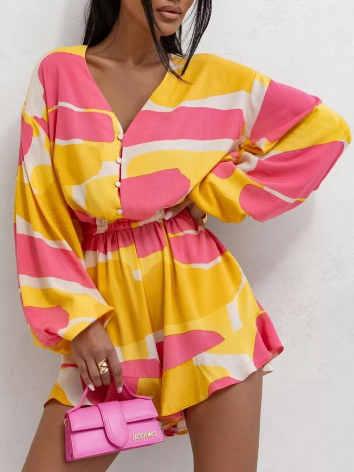 Floral V-Neck Long Sleeve Romper with Elastic Waist - Fashorio